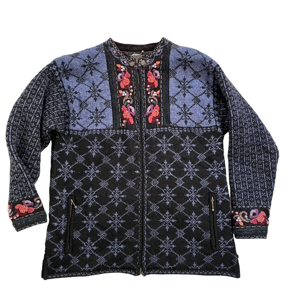 Vintage Icelandic Design Nordic Knit Jacket Heavy Cardigan Women Size Medium